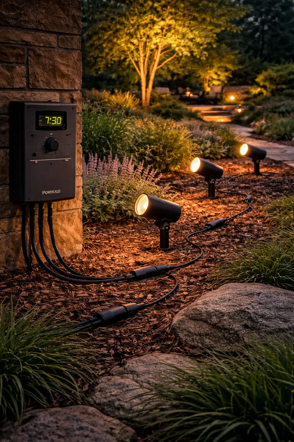 Portfolio landscape spotlight system with low voltage transformer support