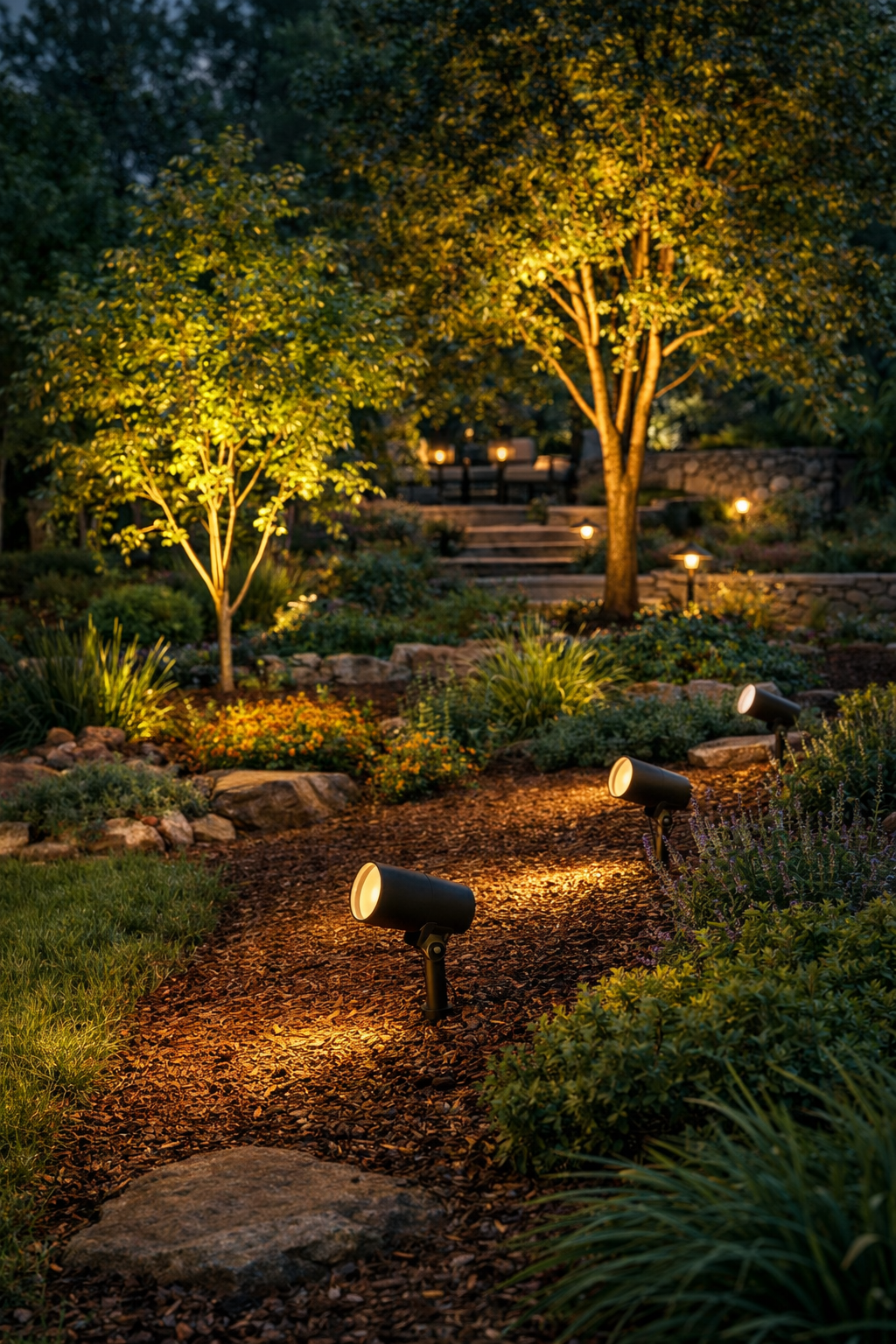 Portfolio landscape spotlights highlighting garden and trees