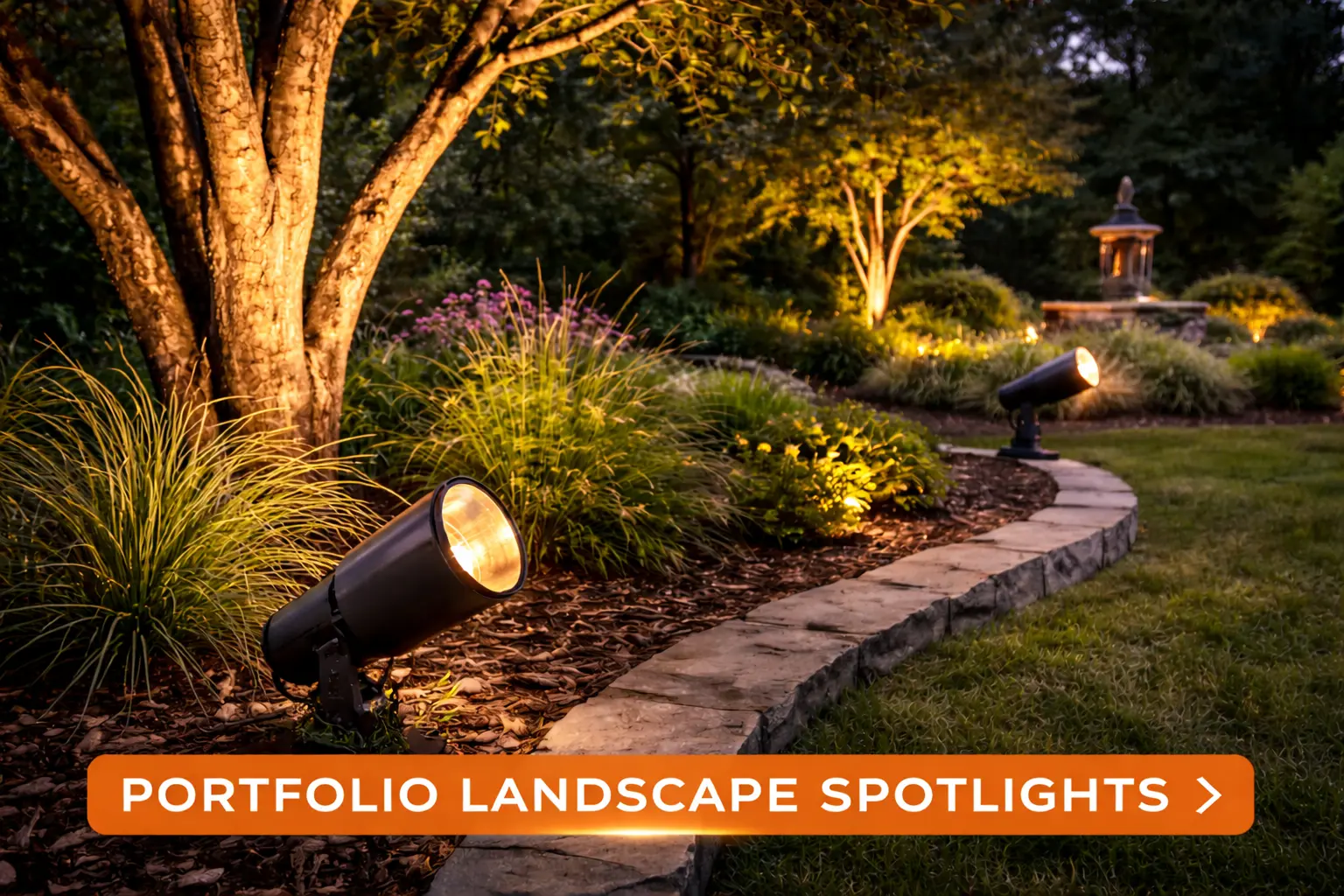 Portfolio landscape spotlights highlighting trees and outdoor garden features