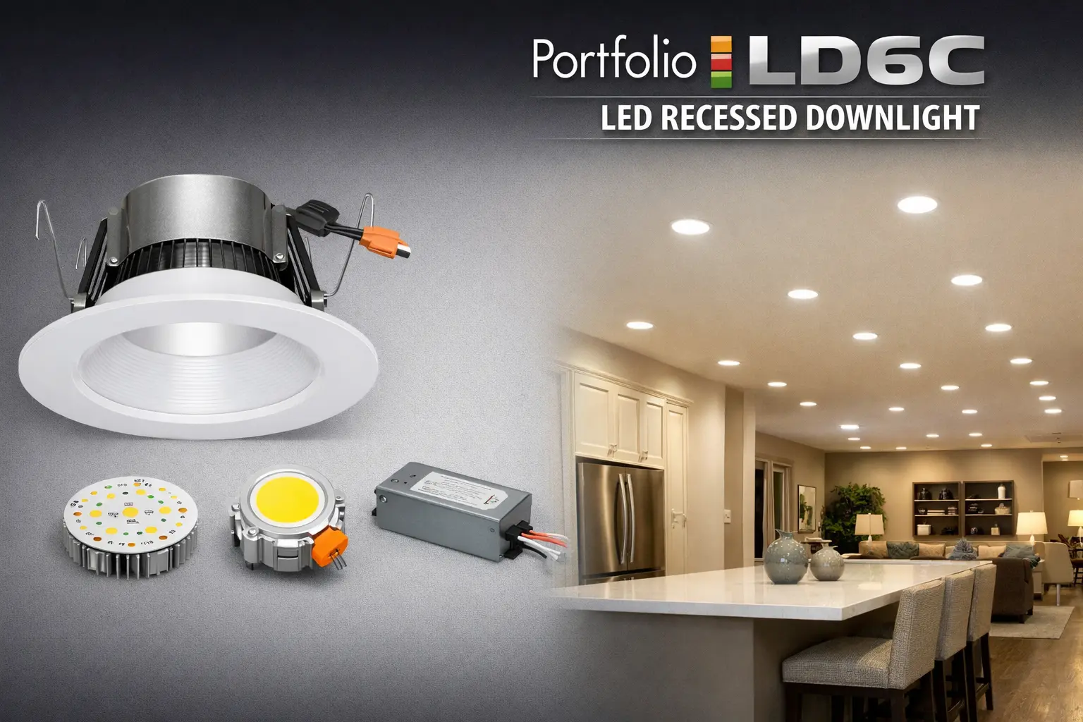 Portfolio LD6C lighting recessed ceiling downlight with trim, bulb, LED component, and indoor ceiling lighting layout