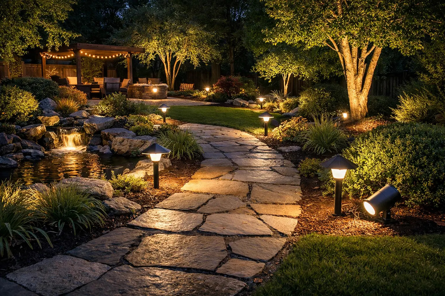 Portfolio LED landscape lighting with path lights, spotlights, and low voltage outdoor lighting around a landscaped yard at night
