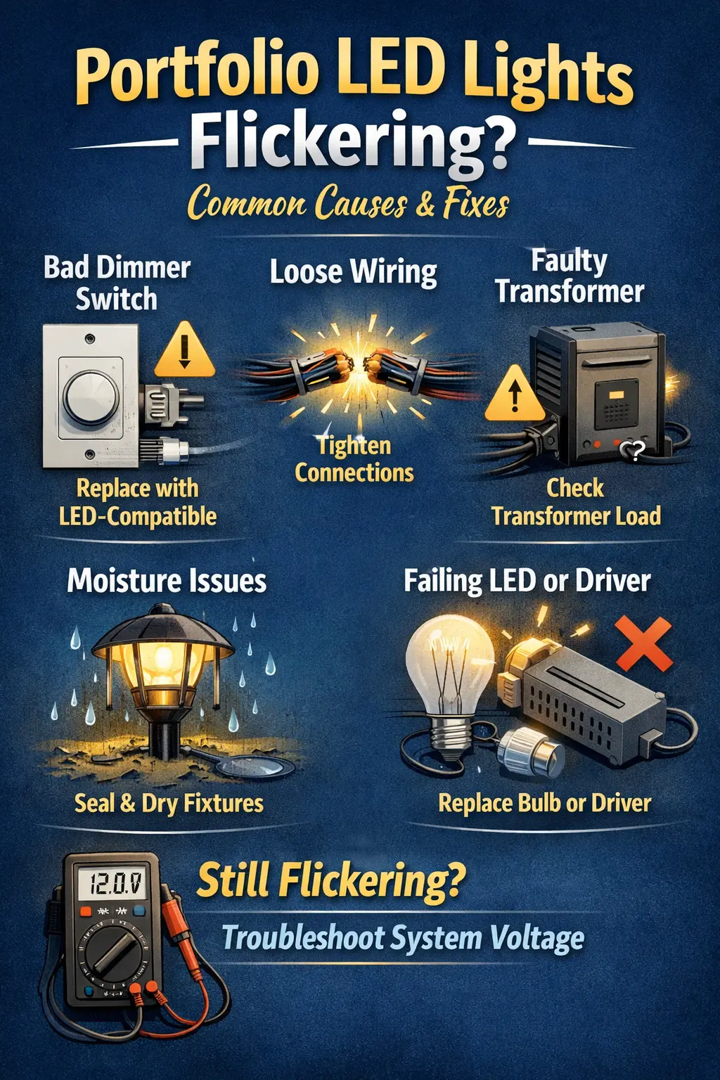 Portfolio LED lights flickering in indoor fixtures, outdoor lighting, and low voltage landscape systems