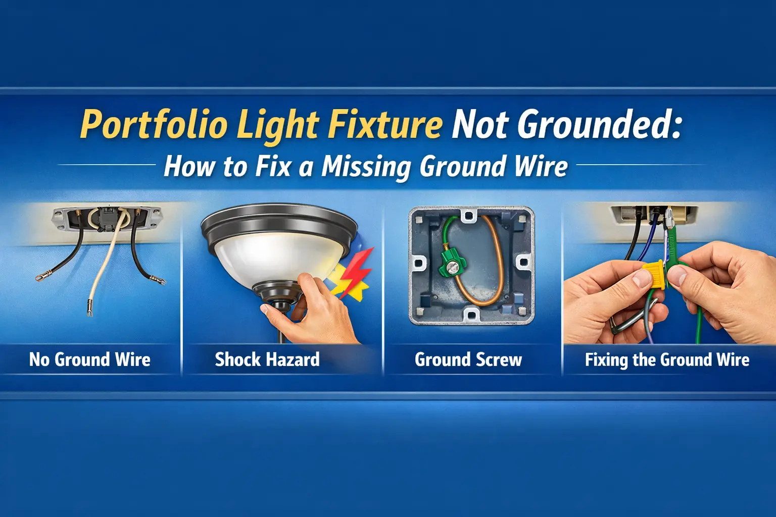 Portfolio light fixture installation showing a missing ground wire and metal mounting bracket in a ceiling electrical box