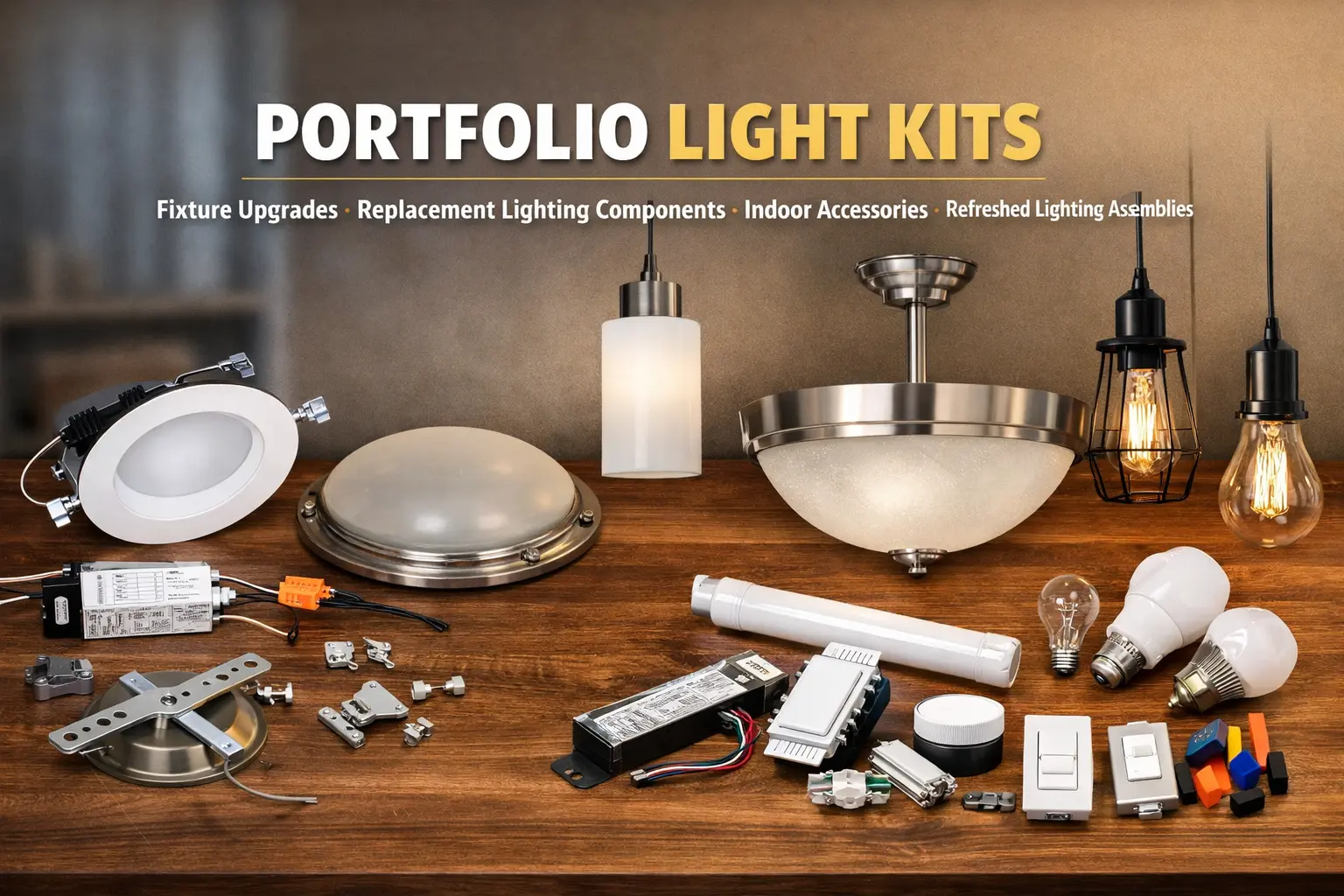 Portfolio light kits for fixture upgrades, replacement lighting components, indoor accessories, and refreshed lighting assemblies
