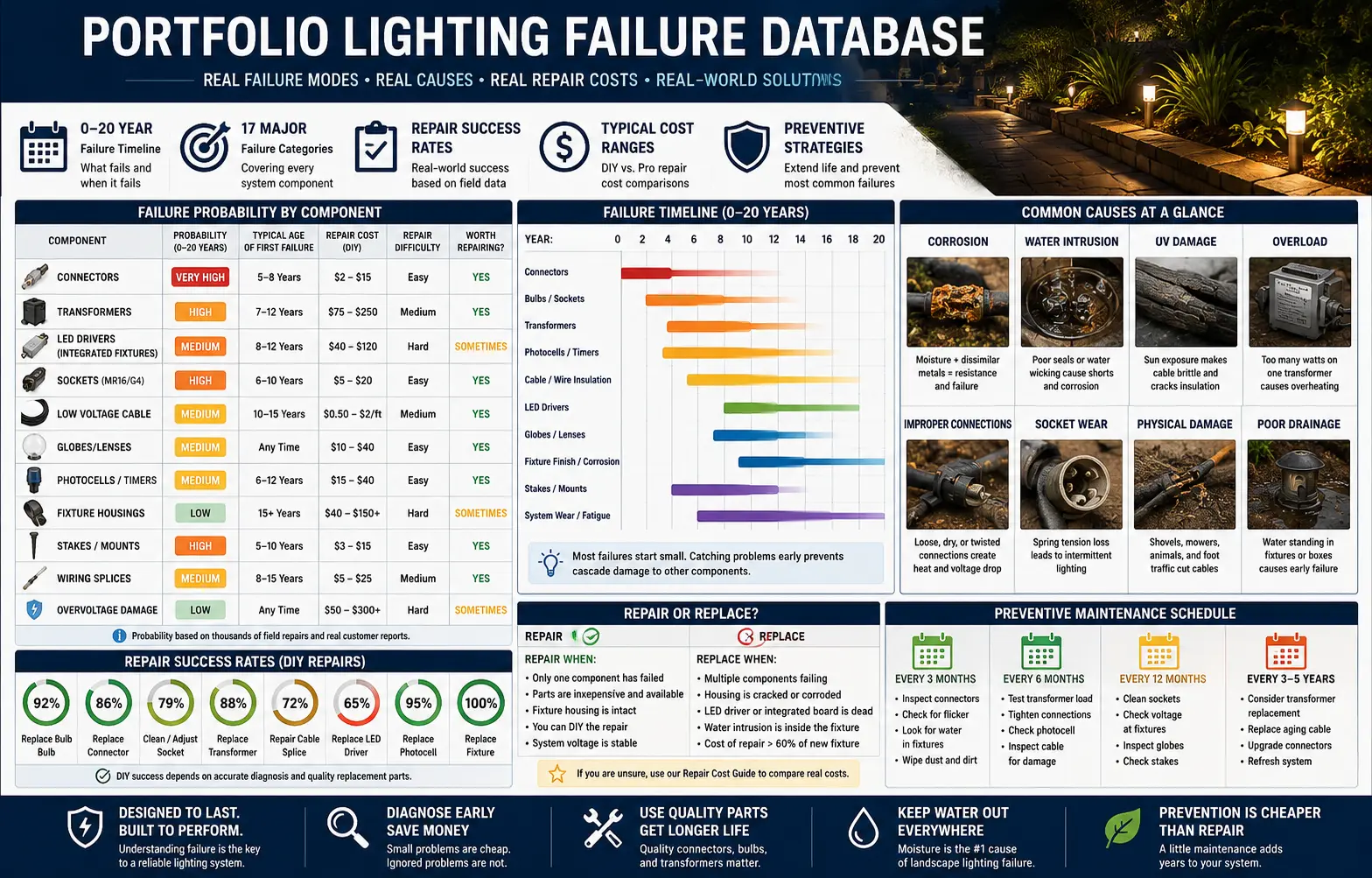Portfolio Lighting failure database infographic showing common outdoor lighting failures, connectors, transformers, bulbs, wiring, water intrusion, repair cost, and fixture replacement decisions