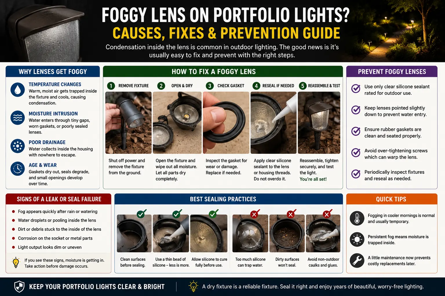 Portfolio landscape lighting foggy lens condensation fix UV hazing gasket replacement polycarbonate path light repair guide