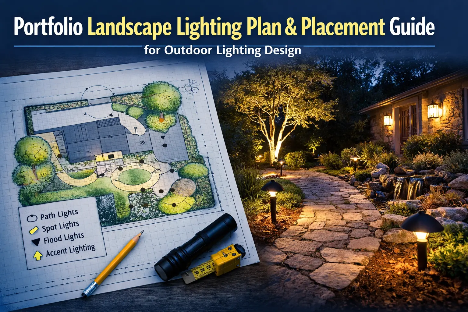 Wide Portfolio lighting guide hero image showing a balanced landscape lighting layout with path lights, accent lighting, driveway lighting, and house-front focal lighting