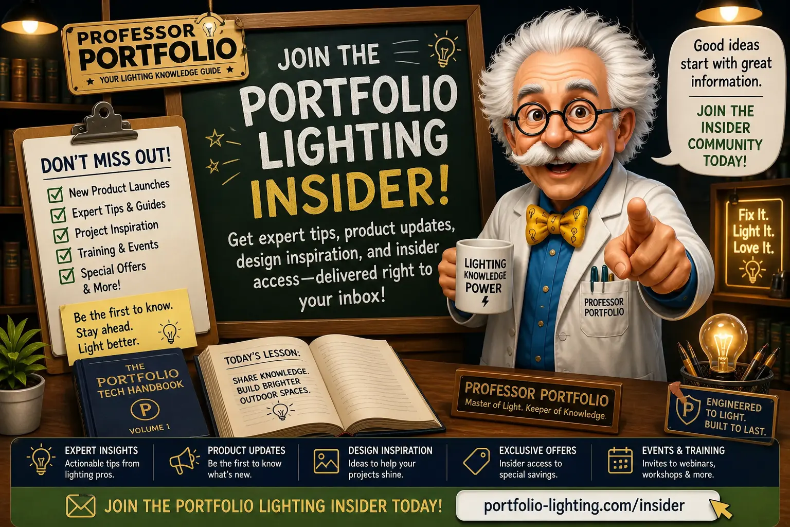 Portfolio Lighting Insider technical support registry showing transformer reset checklist model number lookup seasonal maintenance reminders and quick-fix cheat sheet