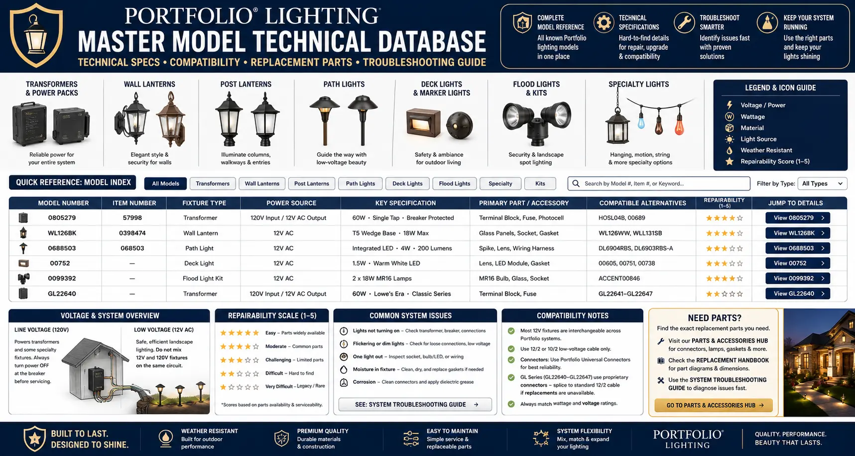 Portfolio Lighting master model technical database showing transformers wall lanterns path lights deck lights flood lights item numbers specs and compatible parts