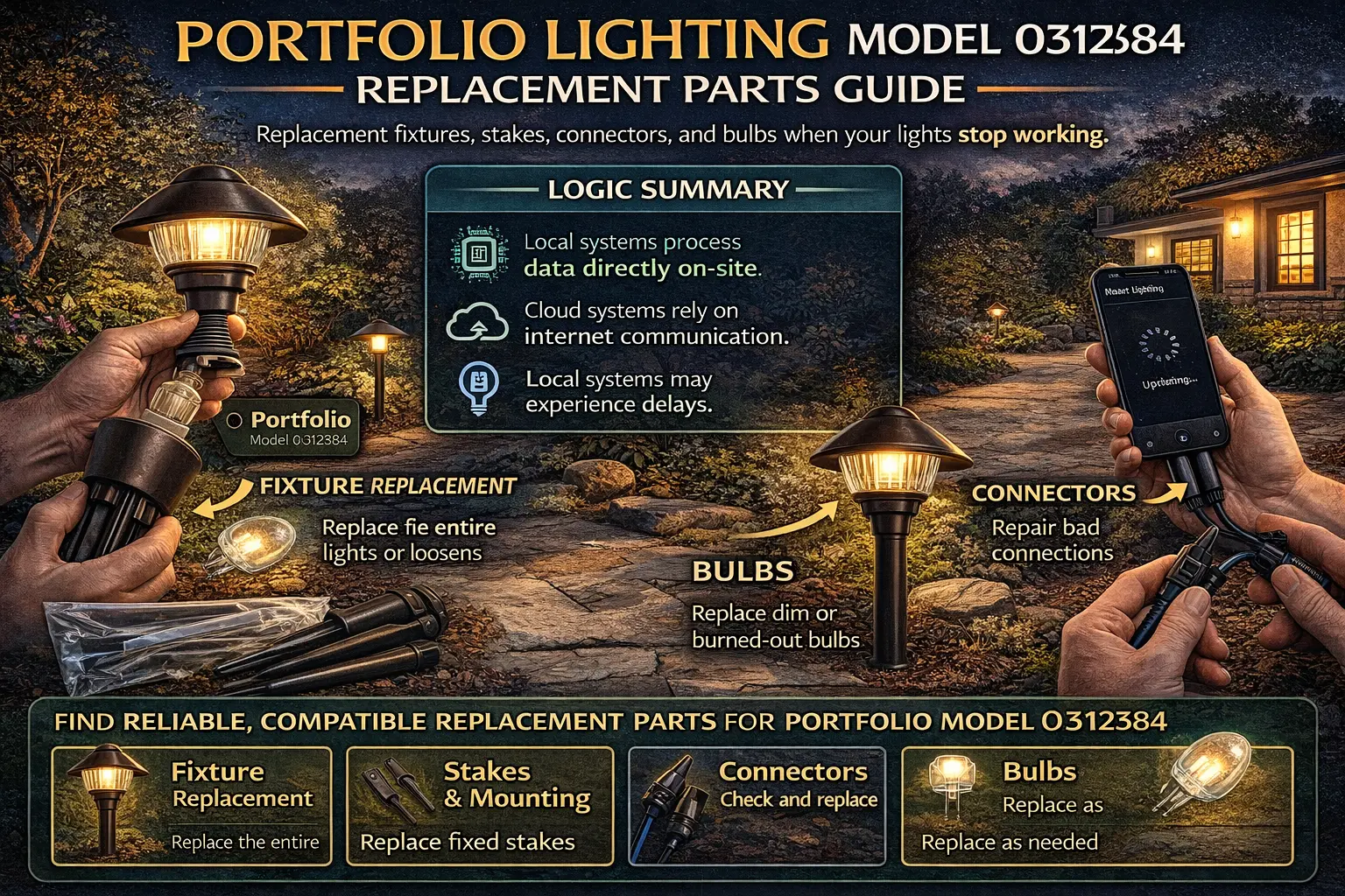 Portfolio lighting model 0312384 replacement parts guide showing fixture, stake, connector, bulb, and low-voltage repair options