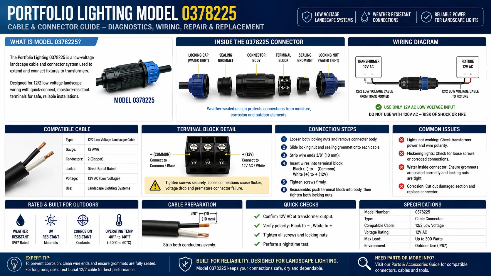 Portfolio Lighting Model 0378225 Cable Connector Guide: Wiring, Corrosion and Replacement Logic