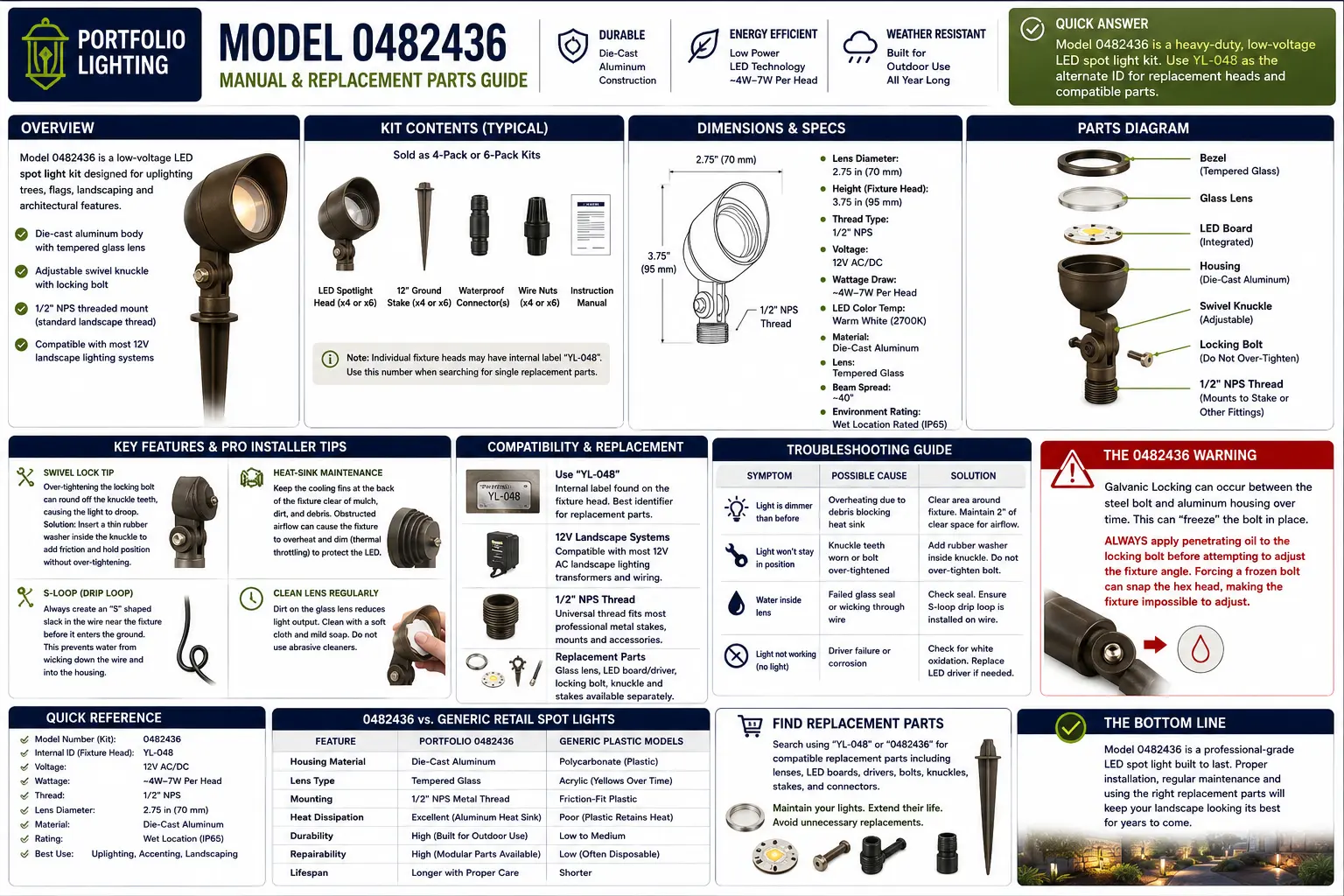 Portfolio Lighting Model 0482436 Manual & Parts Guide: Die-Cast LED Spotlight Kit Repair Logic