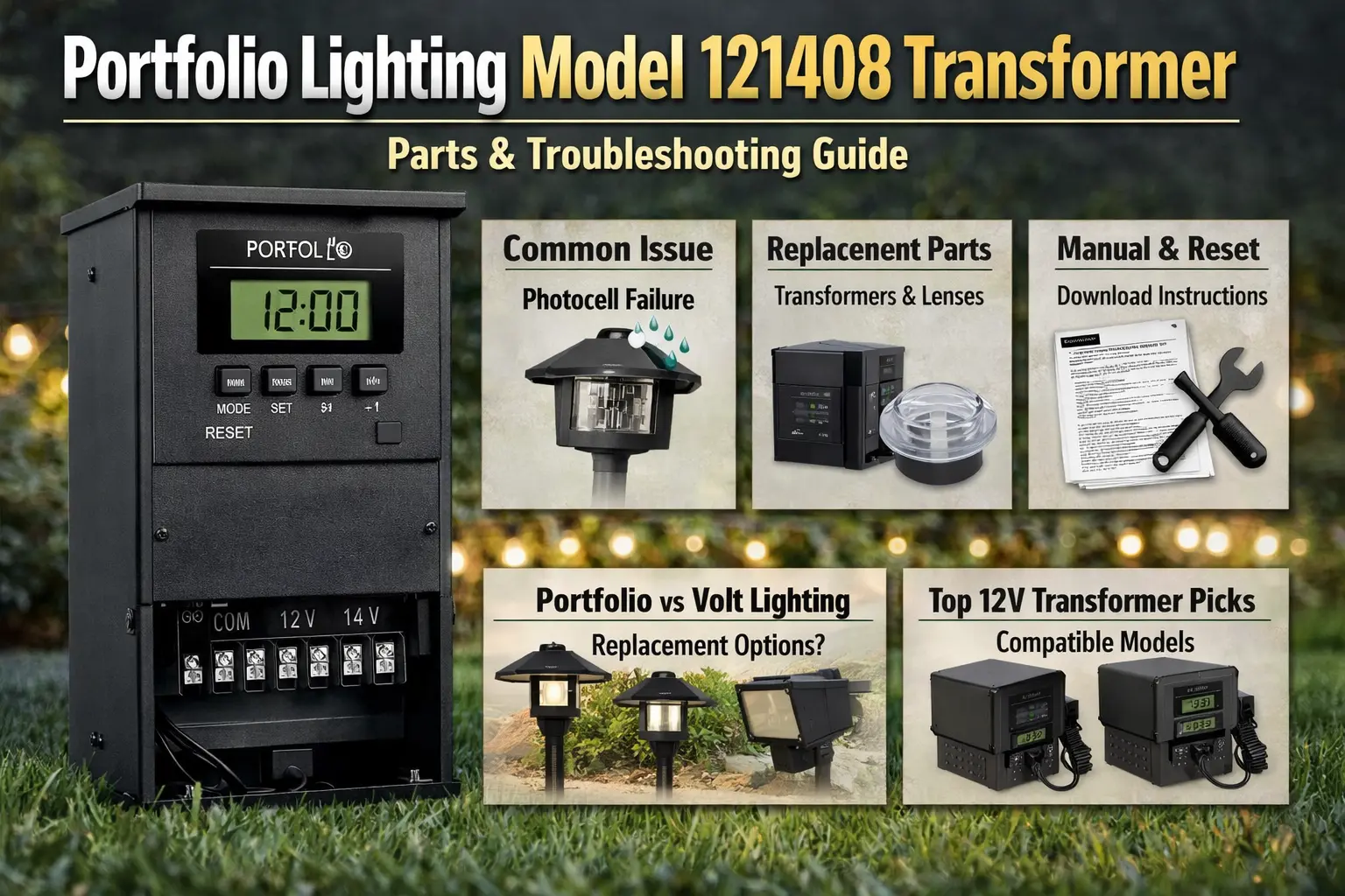 Portfolio lighting model 121408 style low voltage landscape transformer with timer and photo eye controls