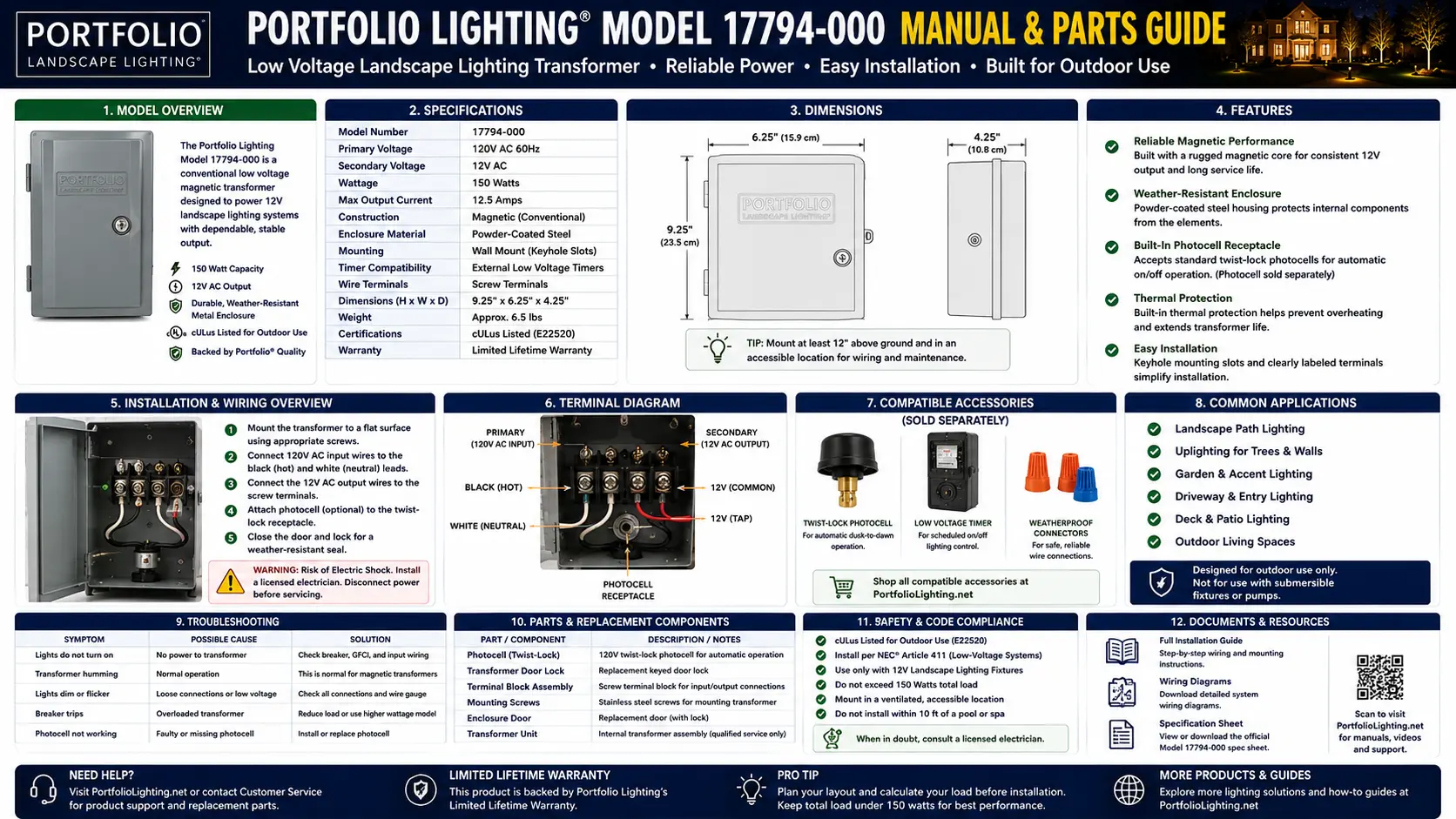Portfolio Lighting Model 17794-000 manual and replacement parts guide