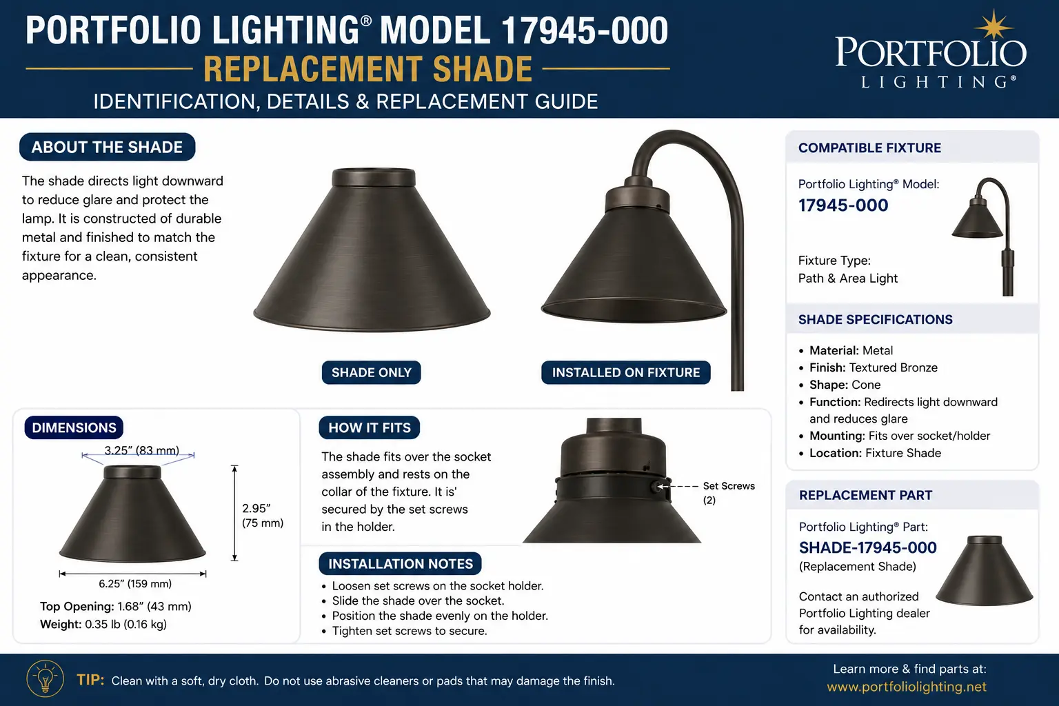 Portfolio Lighting model 17945-000 replacement shade guide showing fitter size, glass shade measurements, retaining screws and compatible fixture parts
