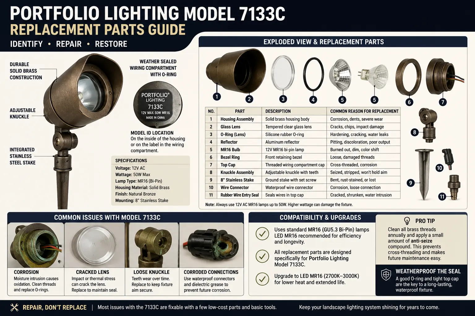 Portfolio Lighting model 7133C replacement parts guide showing bulb socket lens stake connector and low voltage troubleshooting workflow