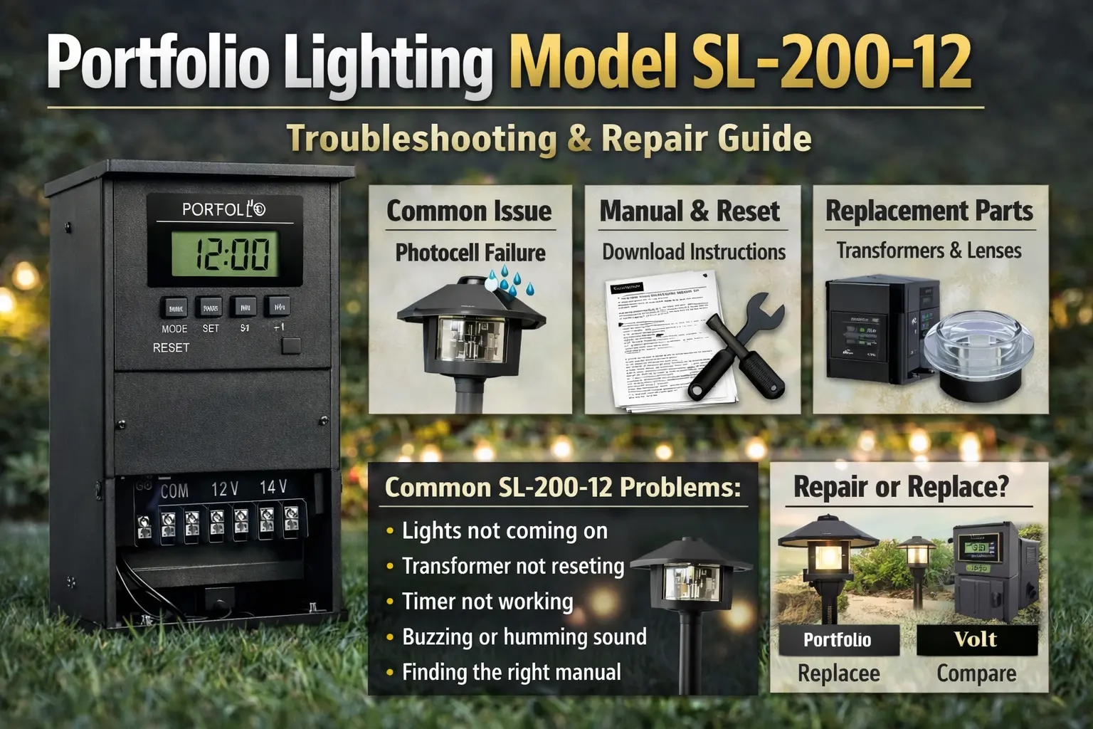 Portfolio SL-200-12 low-voltage landscape lighting transformer with troubleshooting callouts