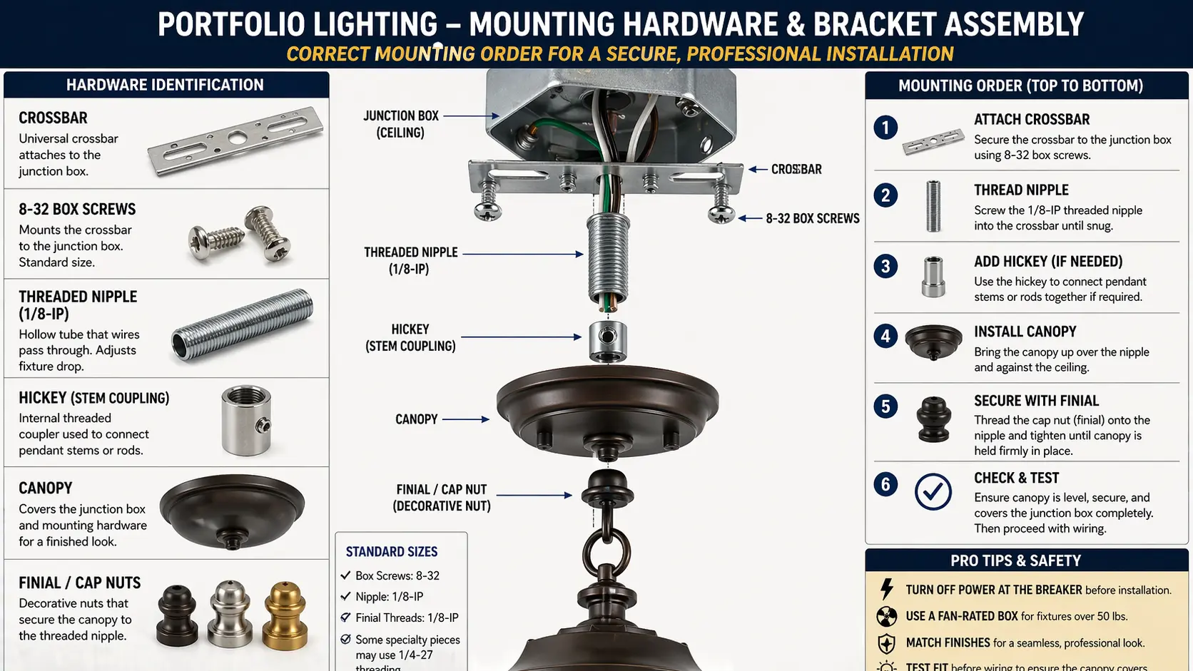 Diagram showing a light fixture crossbar, 8-32 box screws, threaded nipple, hickey, canopy, and cap nuts in the correct mounting order