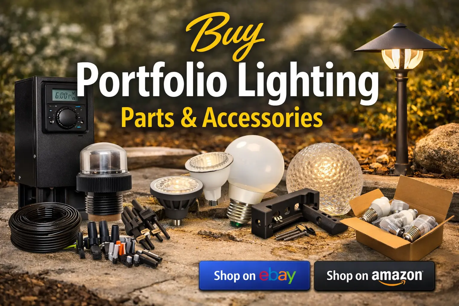 Replacement fixtures and compatible alternatives for discontinued Portfolio lighting including path lights, landscape spotlights, bulbs, and low-voltage transformers