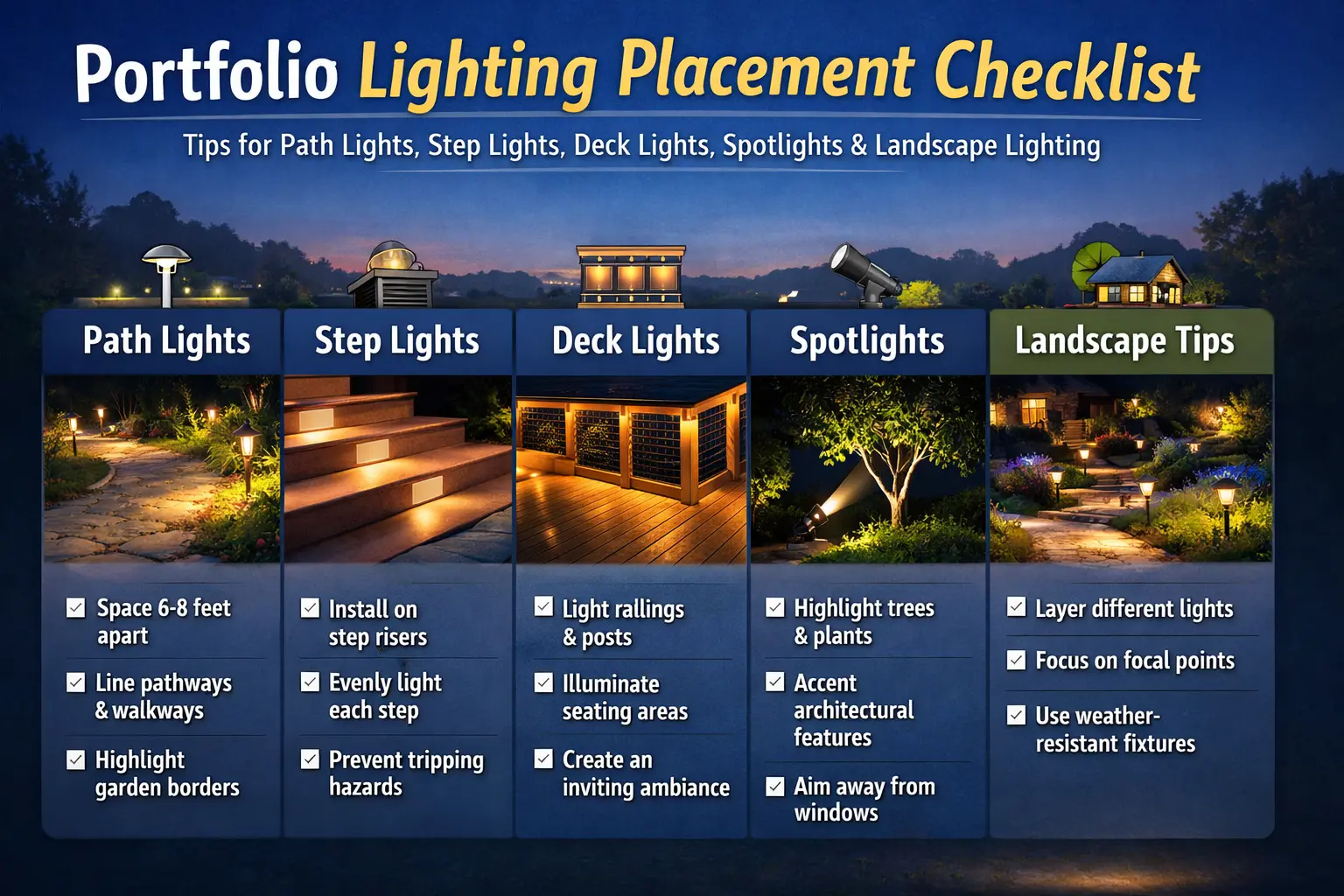 Wide Portfolio lighting placement image showing path lights, uplights, and common outdoor lighting placement mistakes around a home