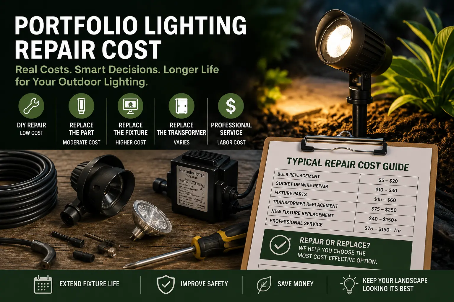 Portfolio Lighting repair cost guide showing transformers, bulbs, connectors, globes, wiring, fixtures and repair versus replacement decisions