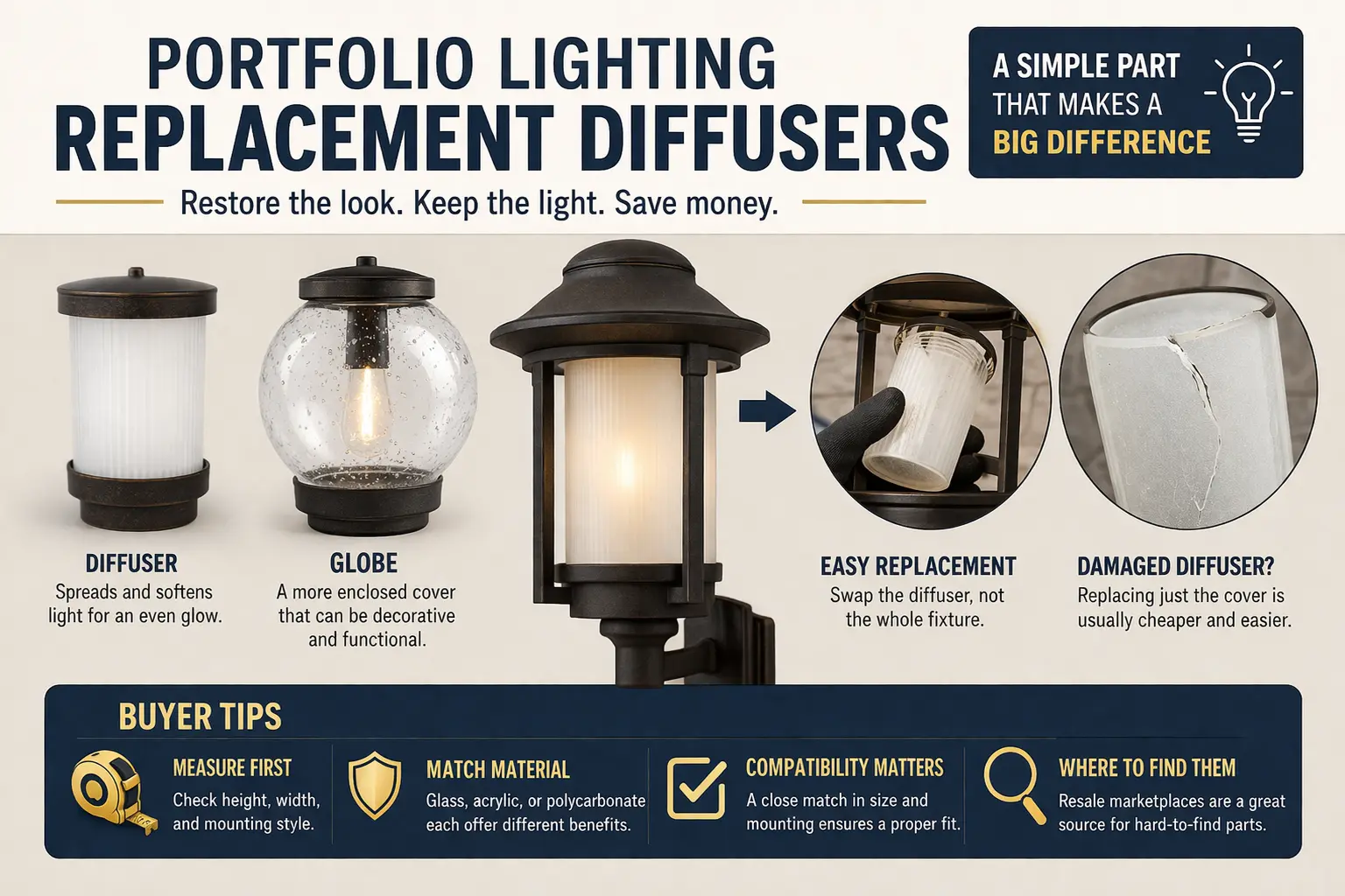 Portfolio lighting replacement diffusers including acrylic lens covers and plastic light covers