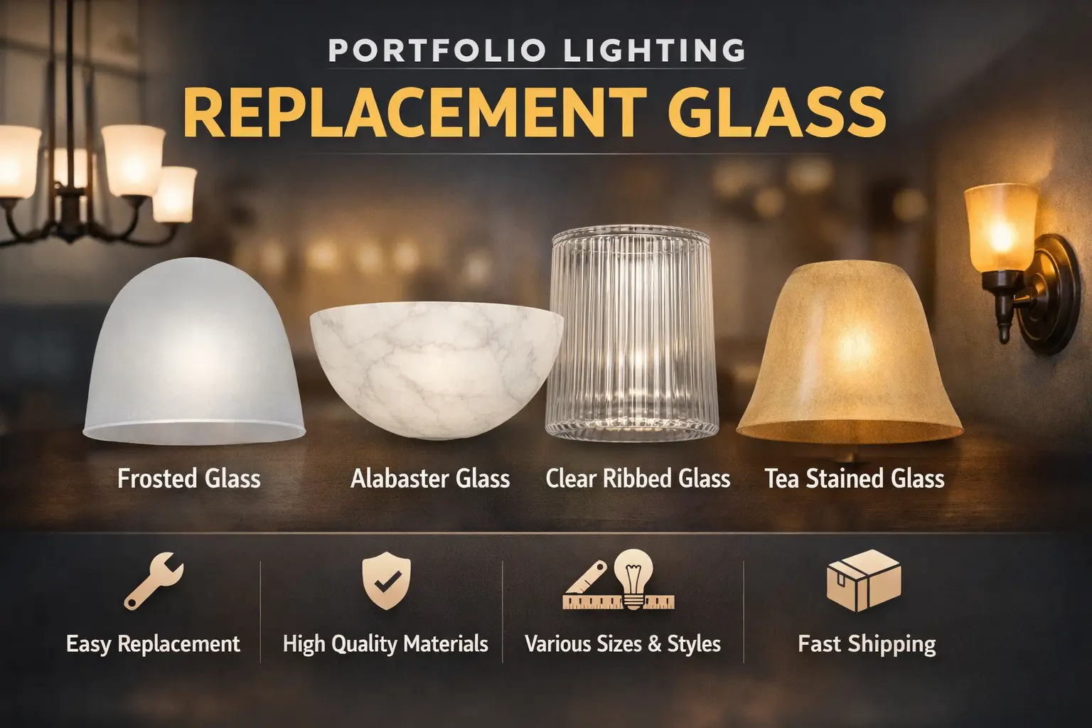 Portfolio lighting replacement glass for outdoor and indoor light fixtures with removable glass shades and covers