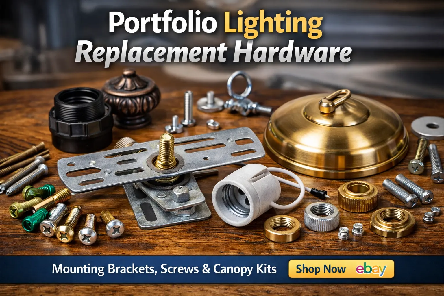 Portfolio lighting replacement hardware including mounting brackets, canopy kits, screws, sockets, and fixture parts