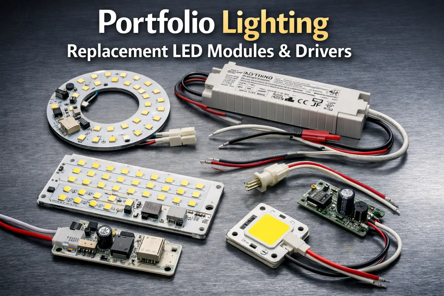 Portfolio lighting replacement LED modules and drivers including integrated LED boards and driver components