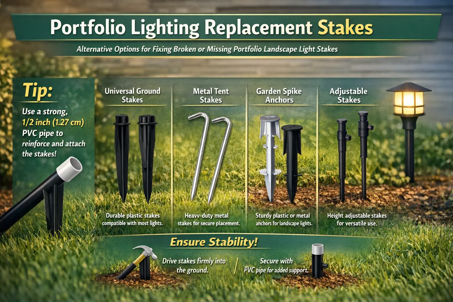 Portfolio lighting replacement stakes for landscape path lights with ground stake and low voltage cable installation