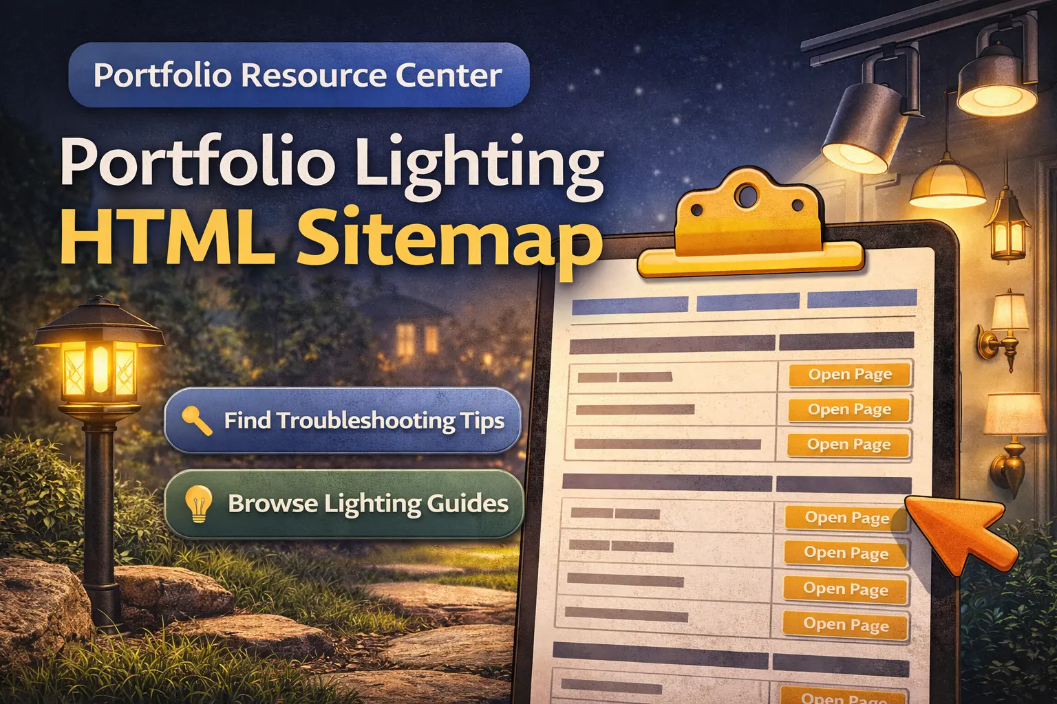 Organized Portfolio Lighting site map with all internal pages, hubs, categories, and guides