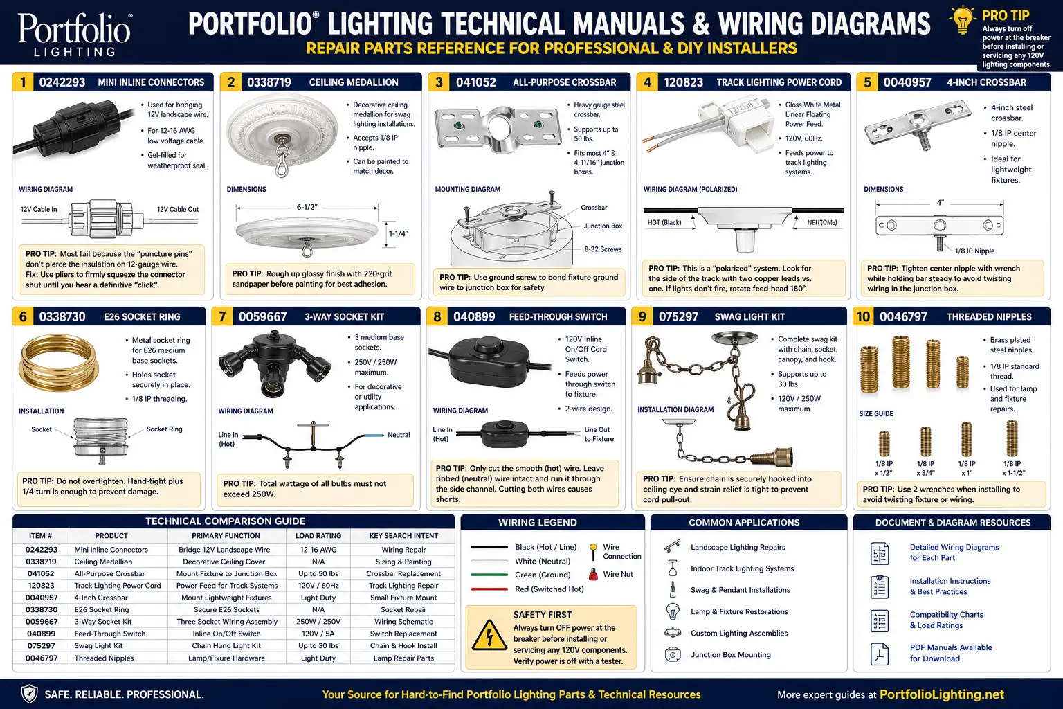 Portfolio lighting repair parts and technical manuals with wiring diagrams, connectors, switches, crossbars, socket kits, and threaded nipples