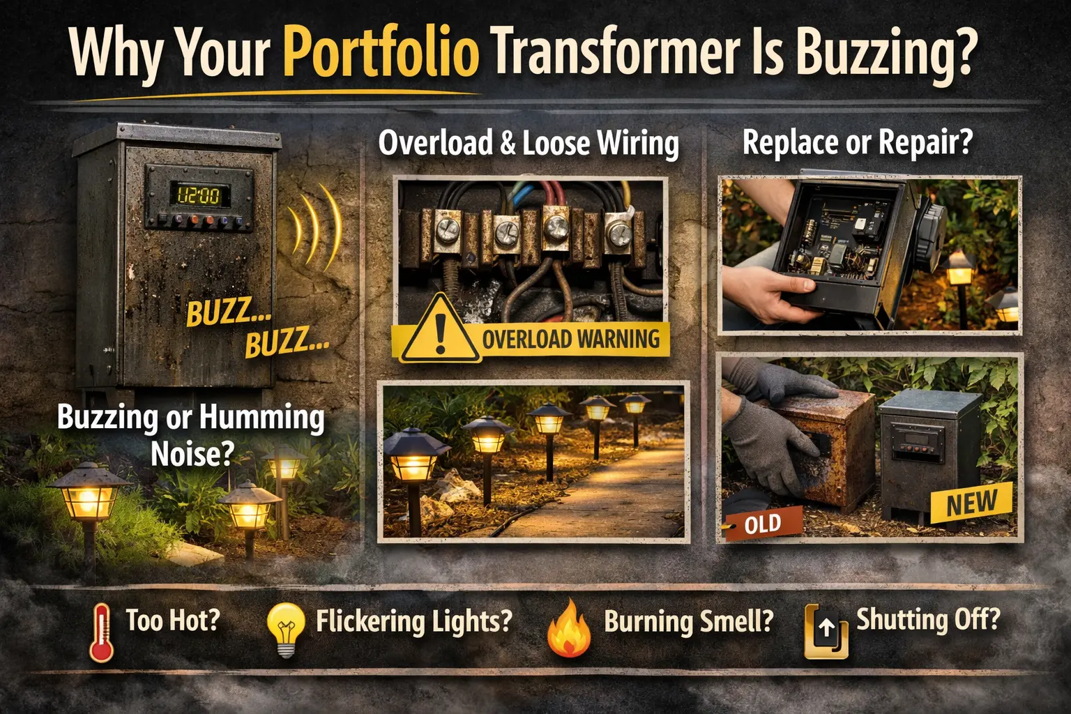 Portfolio lighting transformer buzzing outdoors near low voltage landscape lighting system