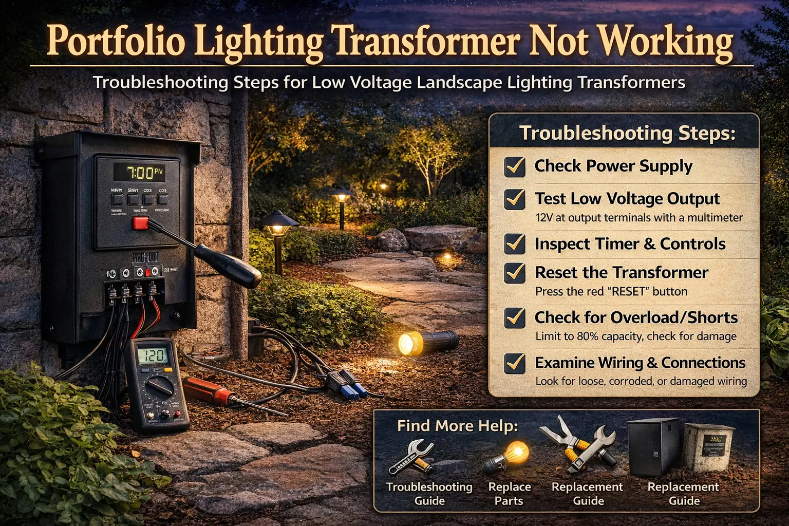 Portfolio landscape lighting transformer troubleshooting and reset for outdoor low voltage lighting system