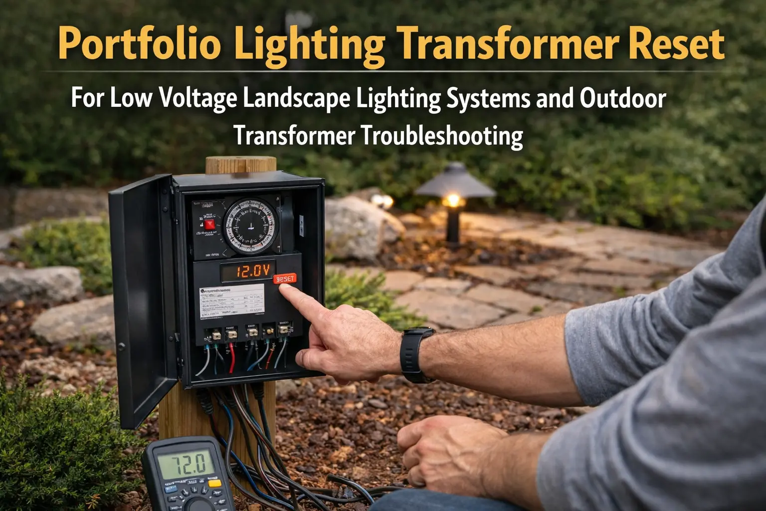 Portfolio lighting transformer reset for low voltage landscape lighting systems and outdoor transformer troubleshooting