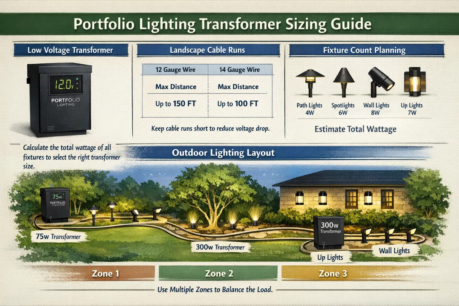 Portfolio lighting transformer sizing guide with low voltage transformer, landscape cable runs, fixture count planning, and outdoor lighting layout