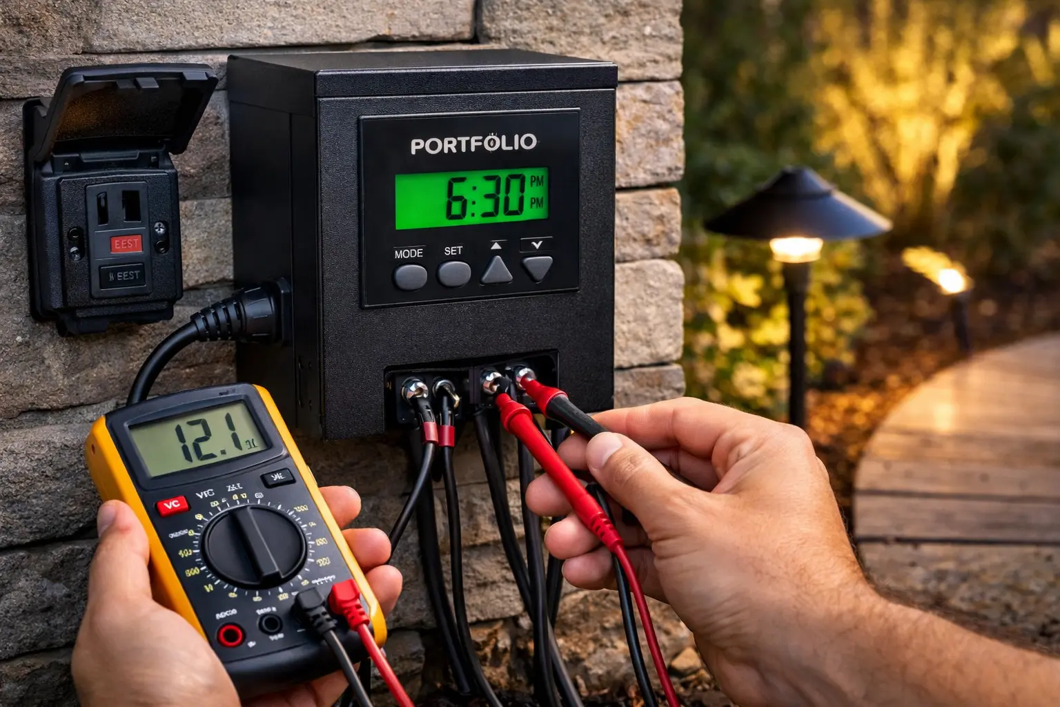 Portfolio low voltage landscape lighting transformer mounted outdoors near walkway lights