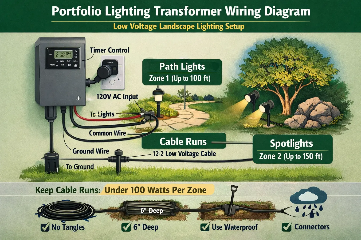 Portfolio lighting transformer wiring diagram for low voltage landscape lighting, cable runs, timer control, and outdoor transformer connections