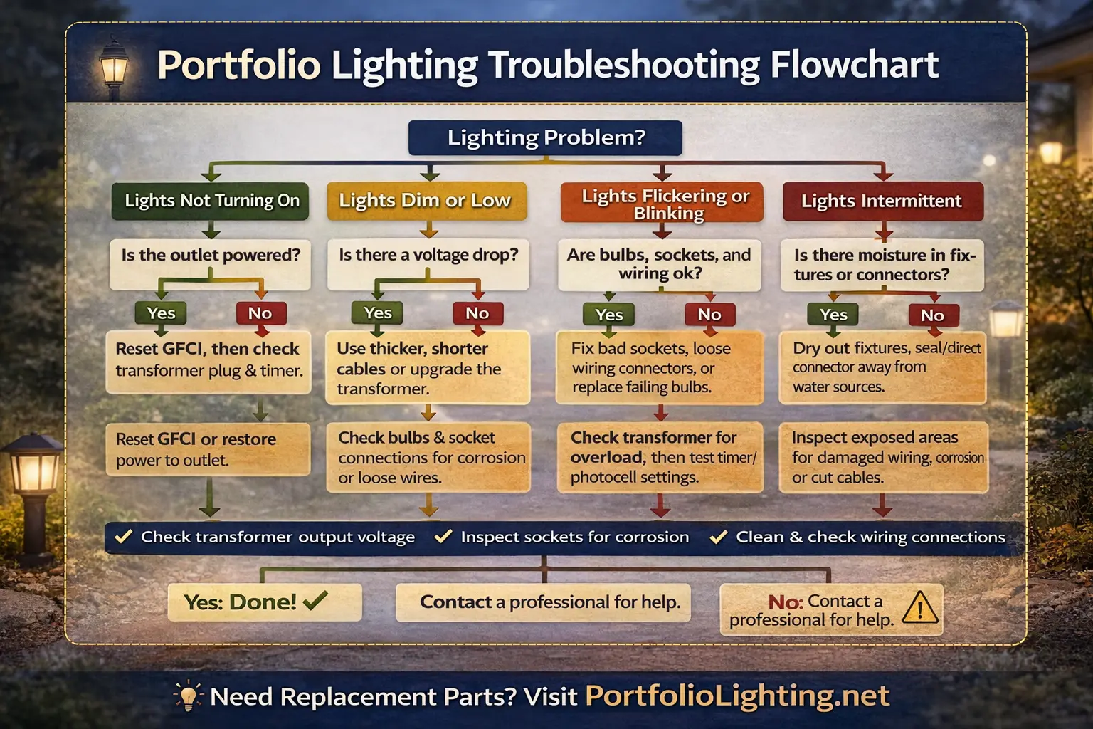 Portfolio lighting troubleshooting flowchart showing how to diagnose landscape lighting problems including power issues, dim lights, flickering lights, wiring problems, and transformer troubleshooting