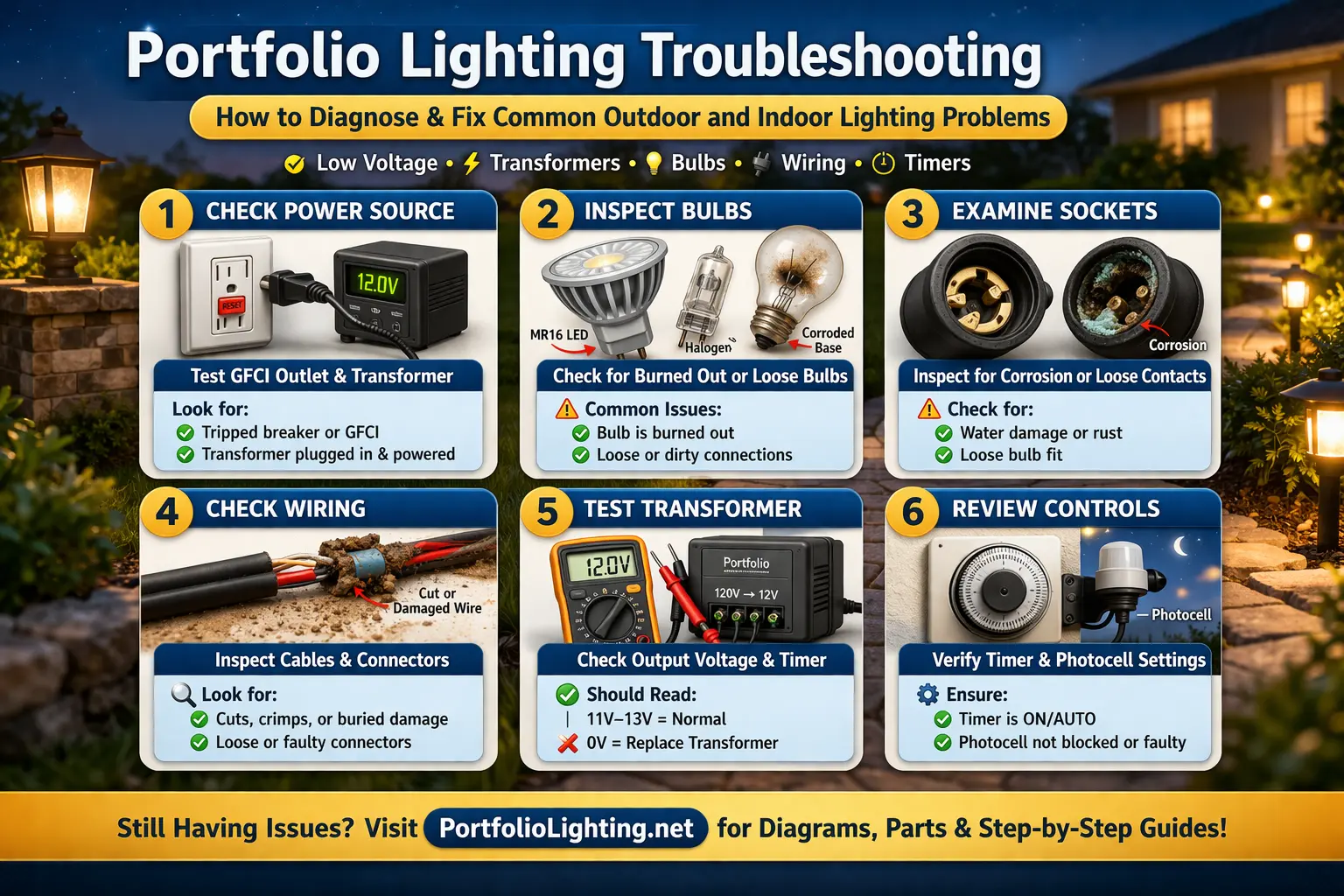 Portfolio lighting troubleshooting for outdoor landscape lights, transformers, timers, bulbs, wiring, and fixture problems