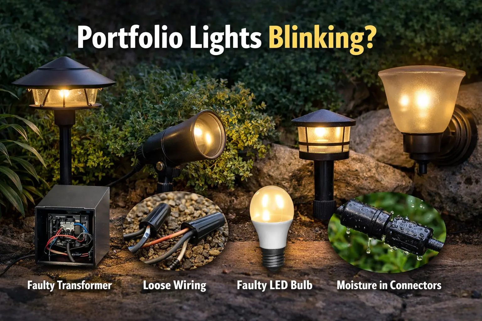 Portfolio landscape lighting blinking along a walkway at night