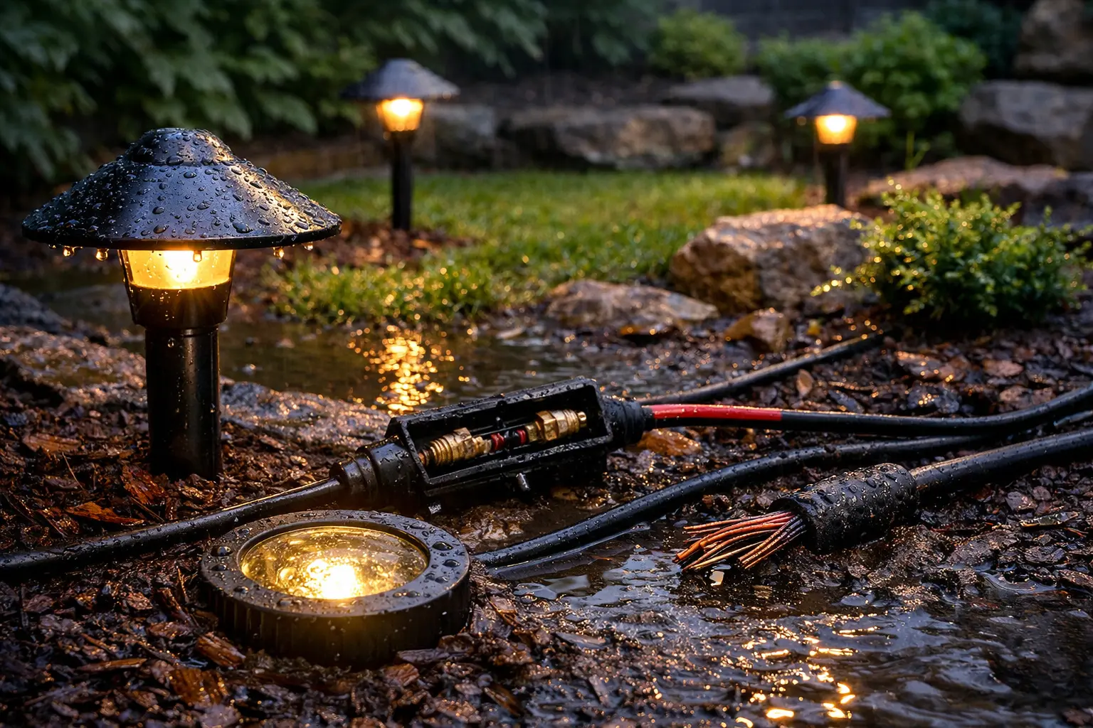 Portfolio landscape lights and wet low-voltage wiring after rain in a yard