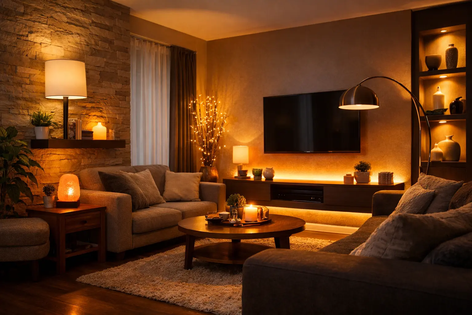 Portfolio mood lighting in a cozy indoor room with soft ambient light, accent lighting, and warm LED glow