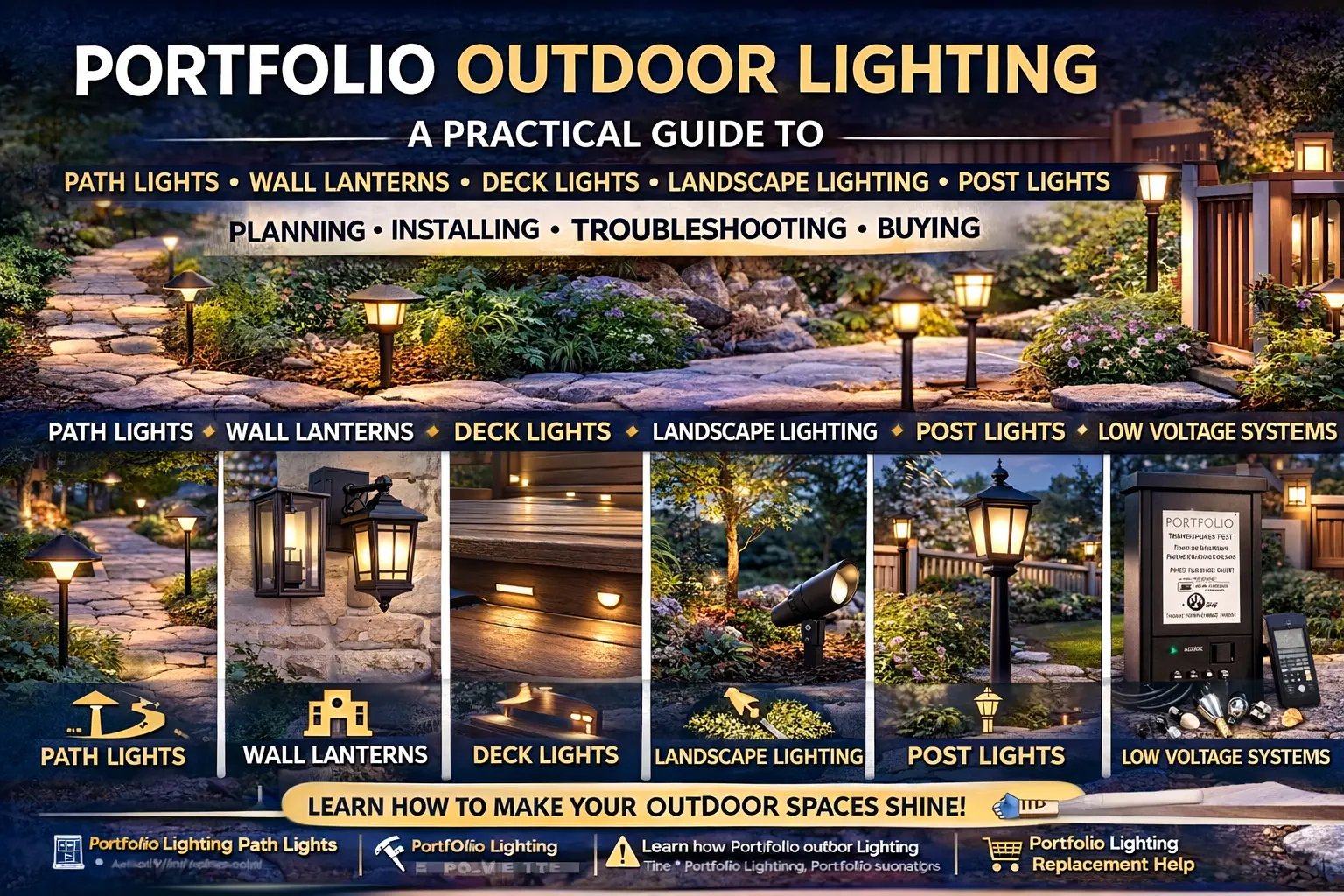 Portfolio outdoor lighting with landscape lights, path lights, wall lanterns, post lights, and low voltage exterior lighting around a home