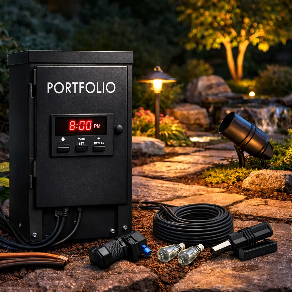 Portfolio outdoor transformer lighting for low voltage landscape lights, path lights, and outdoor lighting systems