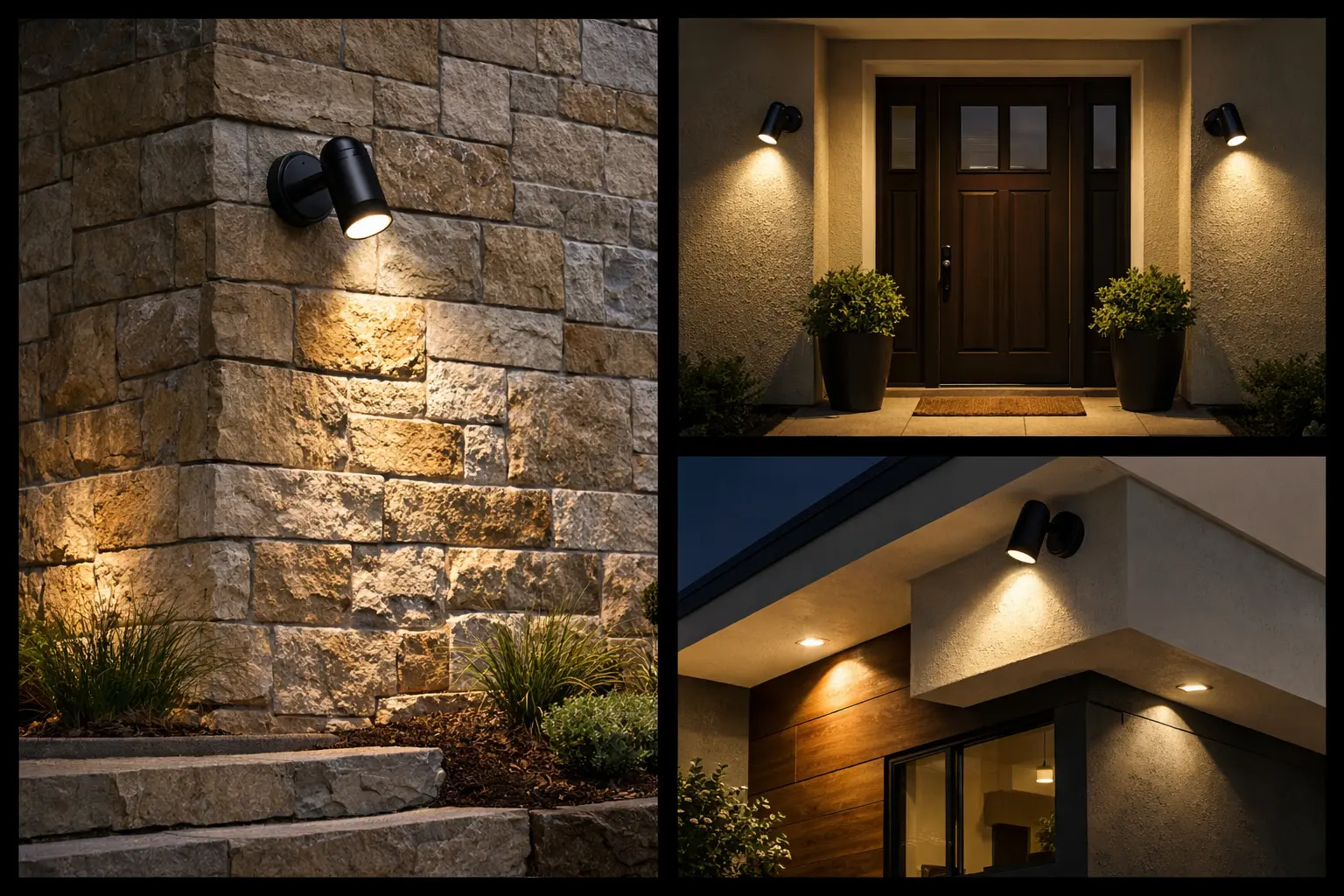 Portfolio outdoor wall spotlights highlighting exterior walls, entry areas, and architectural surfaces with focused accent lighting