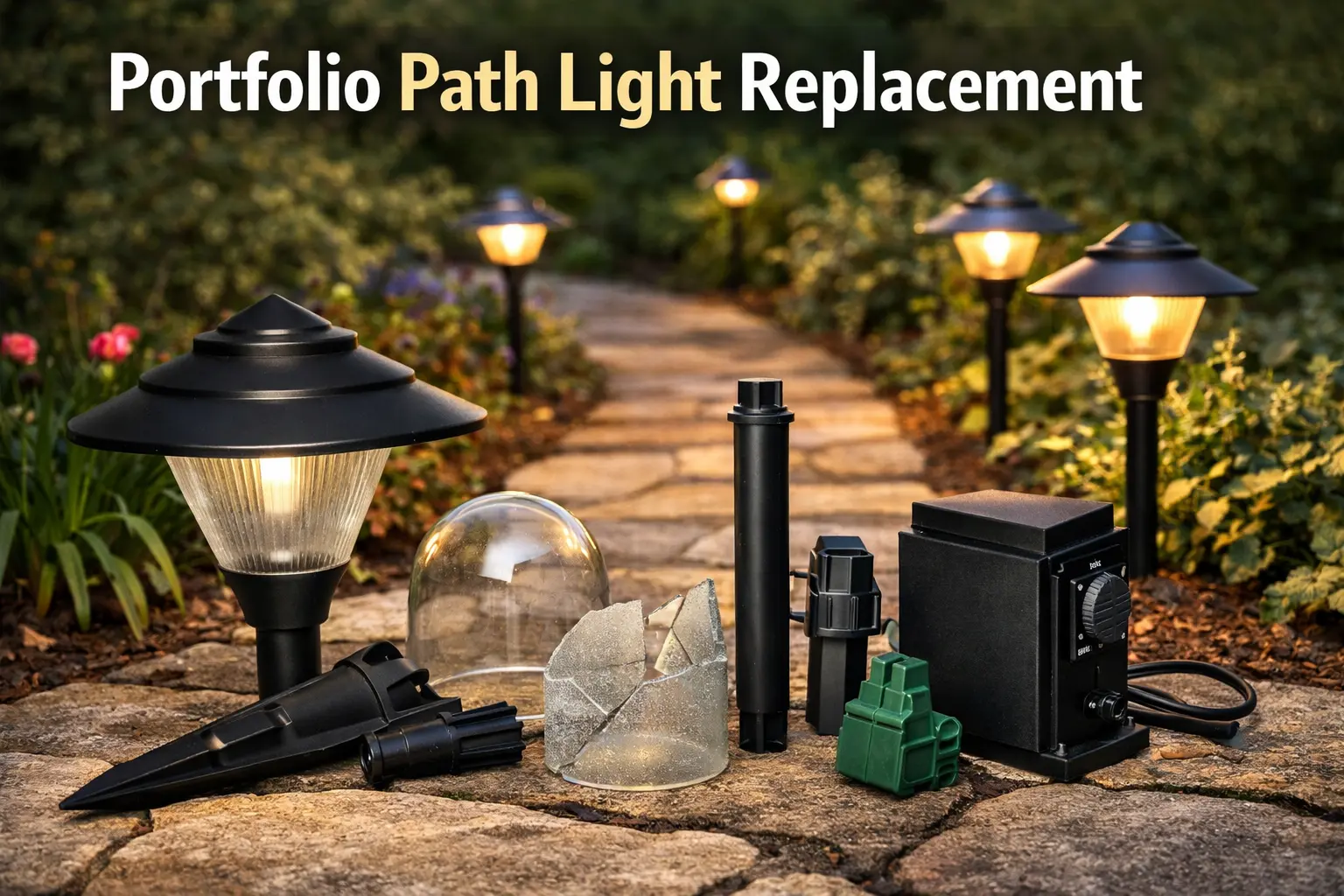 Portfolio path light replacement with low voltage landscape path lights along a walkway at night