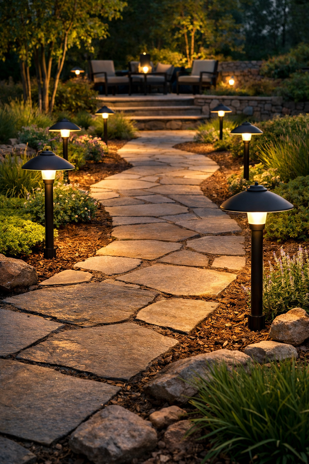 Portfolio path lights along an outdoor walkway