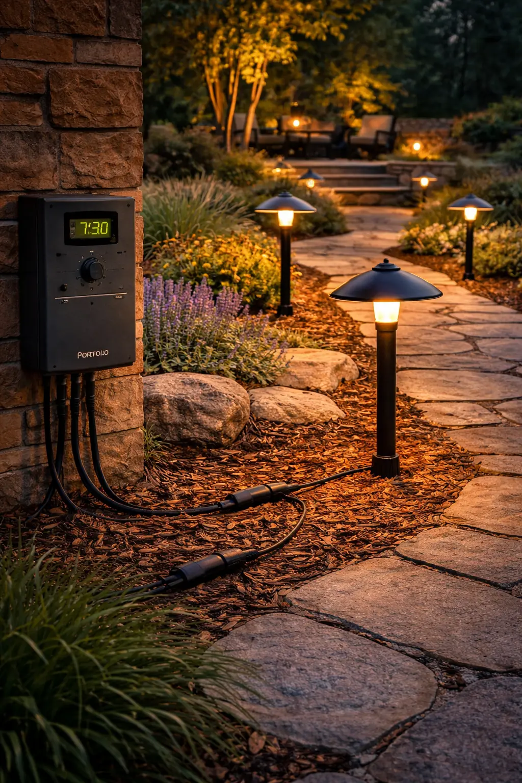 Portfolio path lights powered by an outdoor transformer lighting system