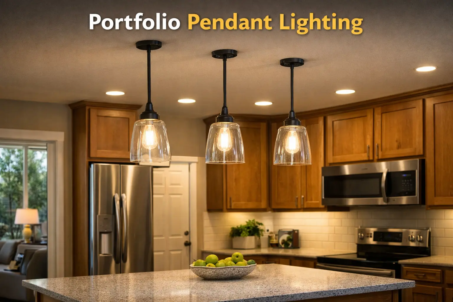Portfolio pendant lighting over kitchen island